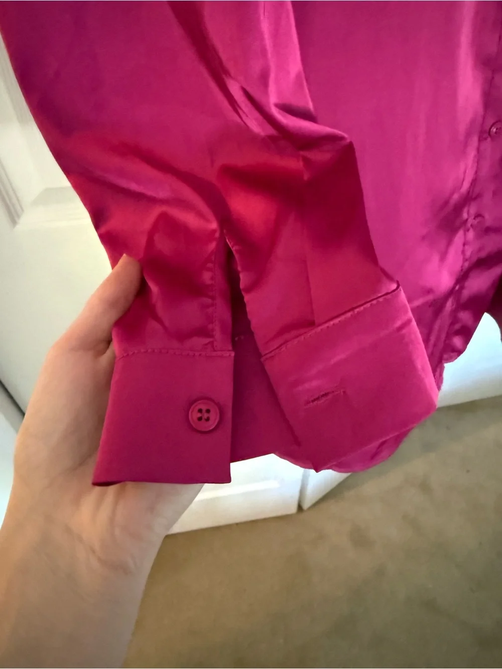 12th Tribe Hot Pink Satin Shiny Shirt Dress Button Down Collared Mini Large - Picture 3 of 8